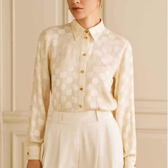 Escada Silk Cream Checkered Button-Up Blouse w/ small gold accents - Picture 2 of 7